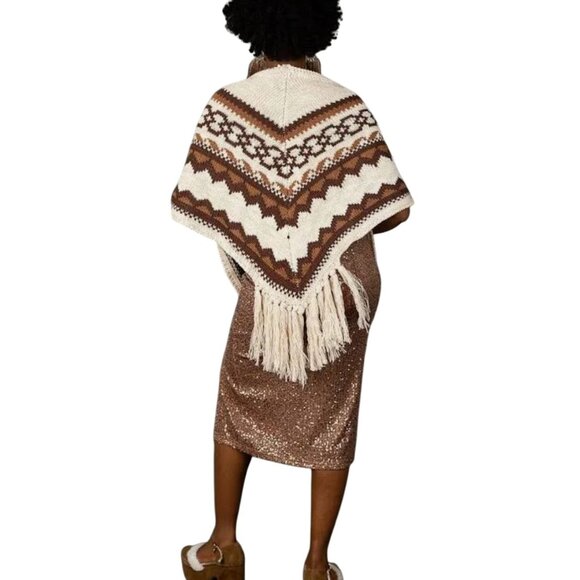 Joyfolie Bronwyn Knit Shawl With Fringe Trim In Brown/Oat Chevron Pattern women - Picture 2 of 8